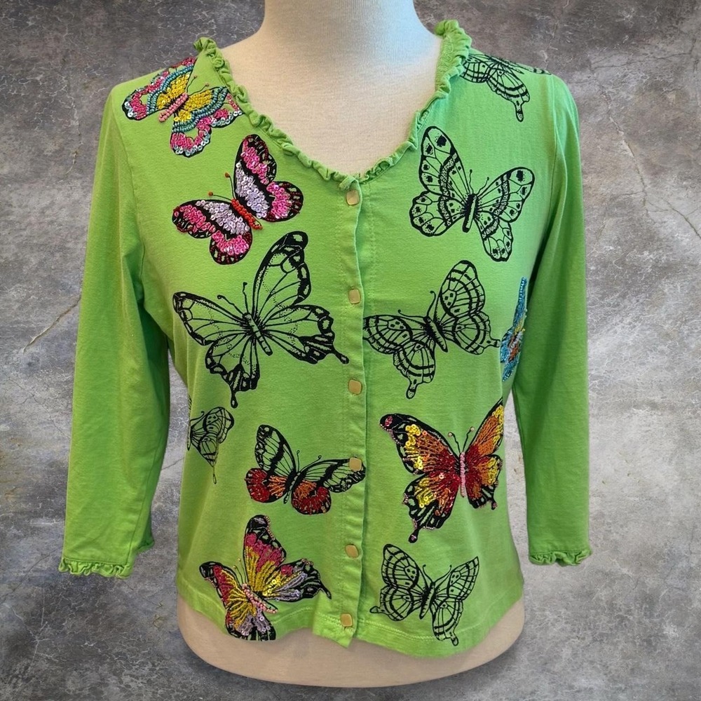 Smitten By Michael Simon Butterfly Embroidered Sequins Shirt Women's Small Y2K